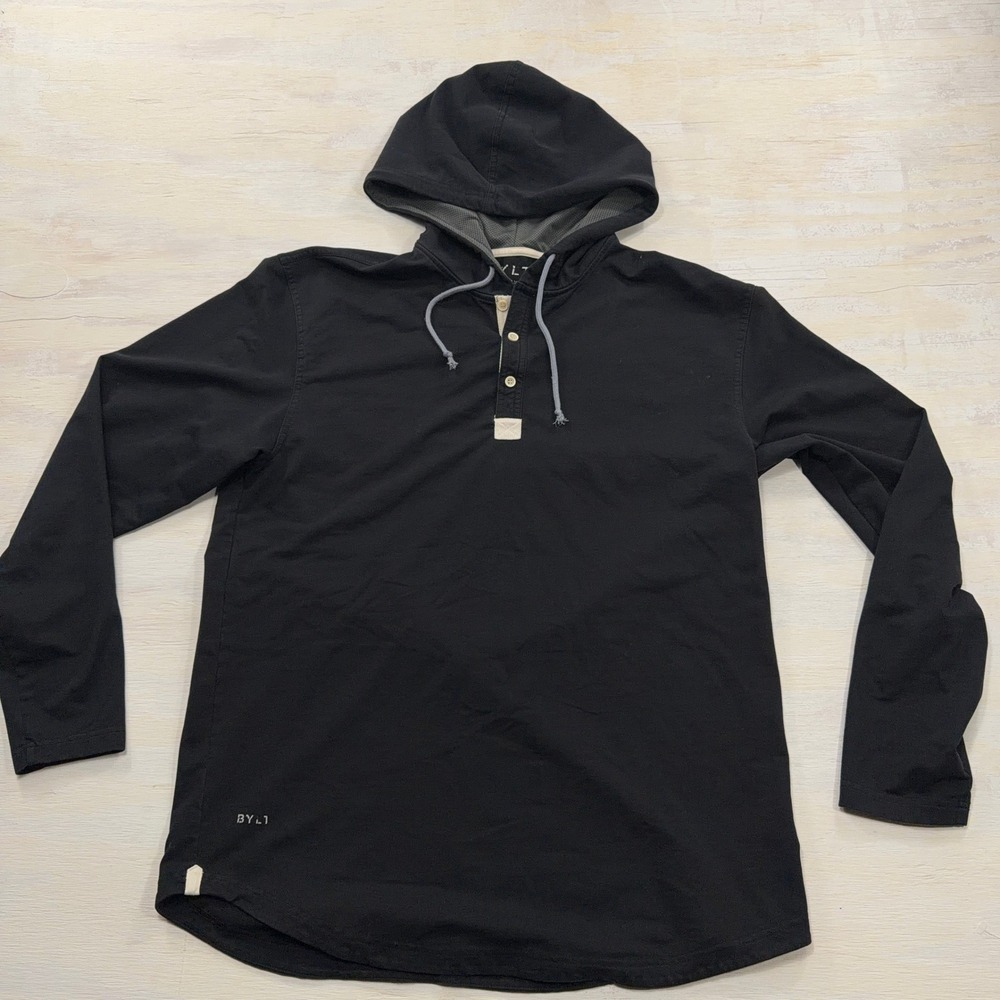 BYLT Hooded Henley Drop Cut Lux XL Long Sleeve Curved Hem Black Mens